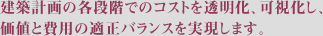 建築計画の各段階でのコストを透明化、可視化し、価値と費用の適正バランスを実現します。